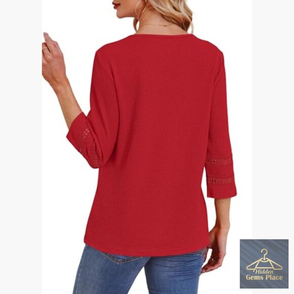 Plus Size Lace Crochet Blouse 3/4 Sleeve Waffle Knit Dressy Casual Top - Picture 5 of 7